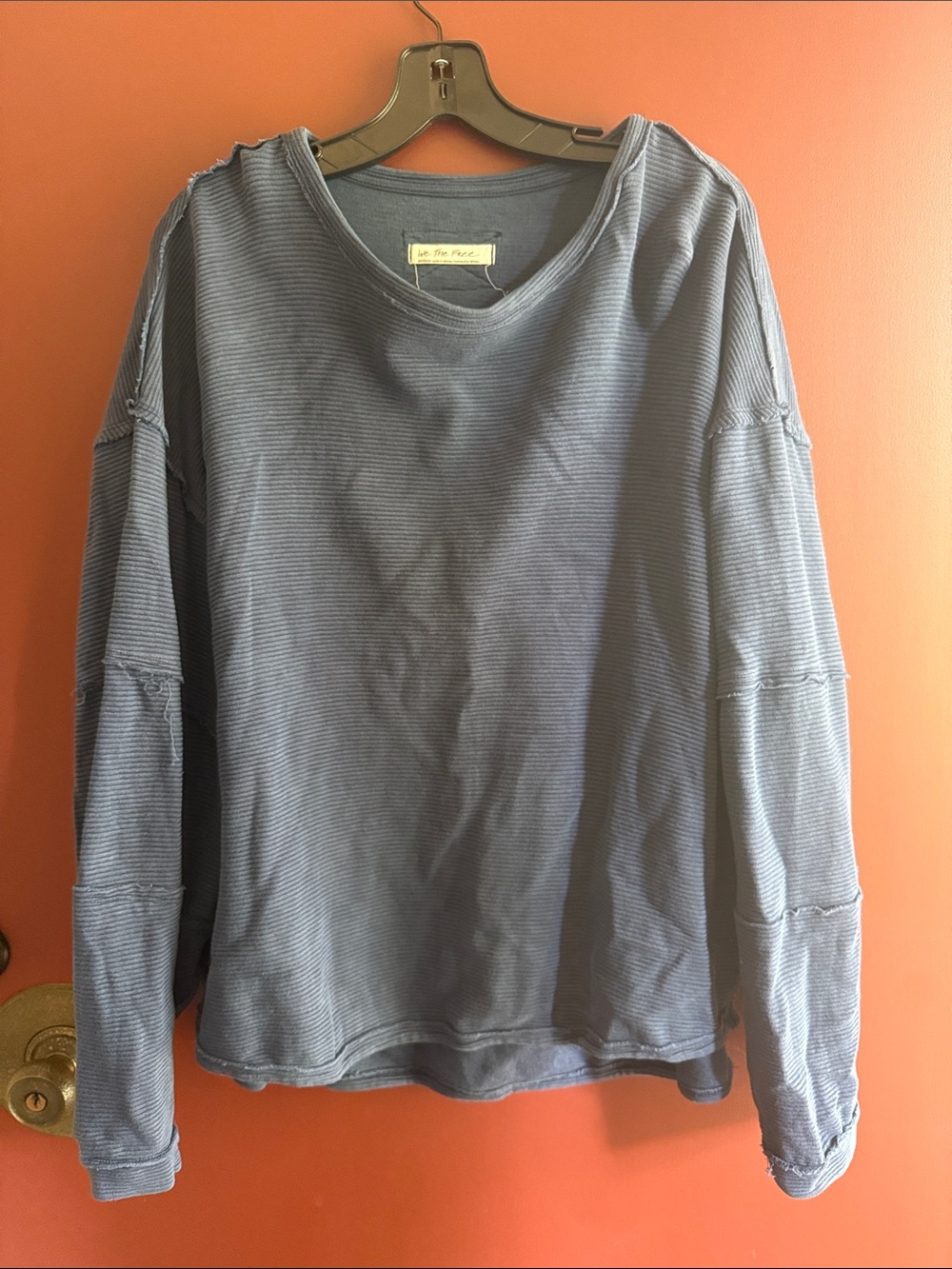 We The Free Distressed Ribbed Crewneck Sweater in Dusty Blue